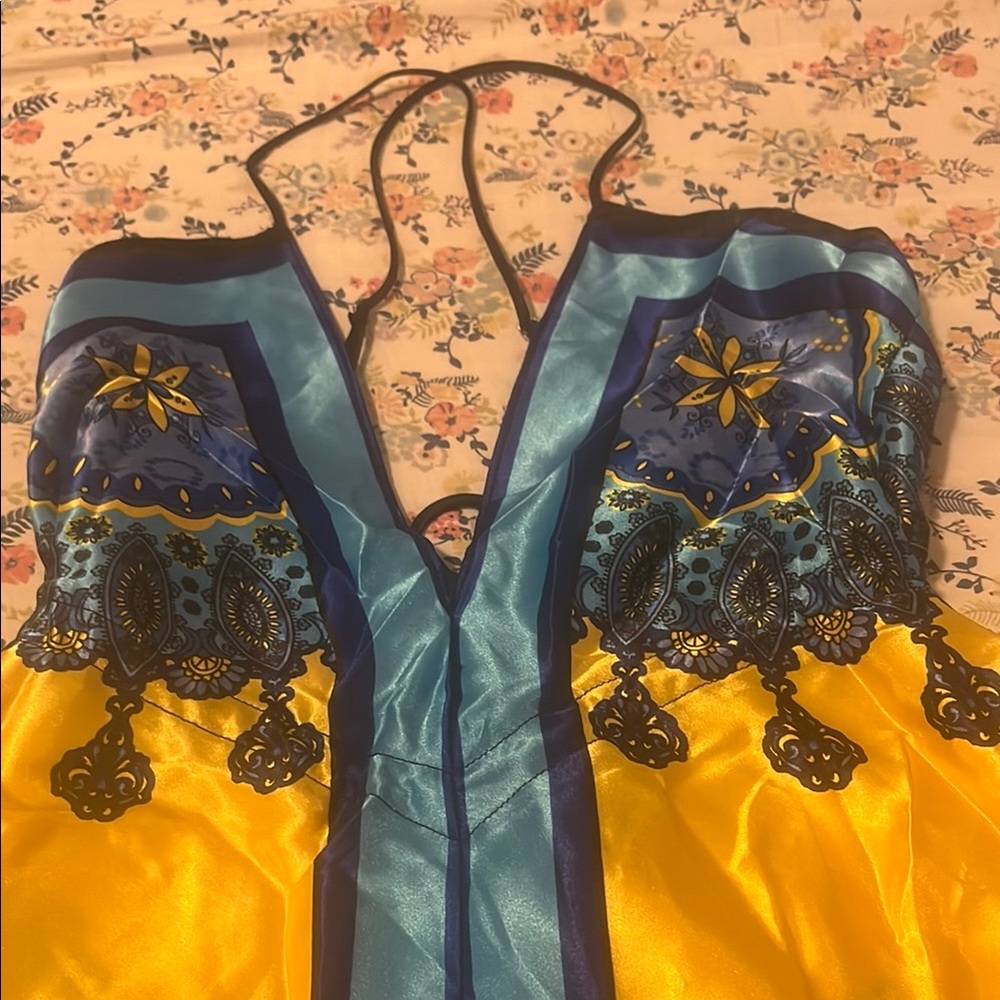Rubber Ducky Productions Yellow and Blue Spaghetti Strap Maxi Sundress - Picture 2 of 7